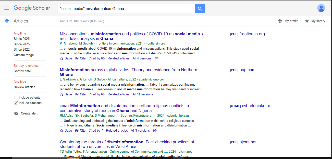 Google Scholar results for social media misinformation Ghana