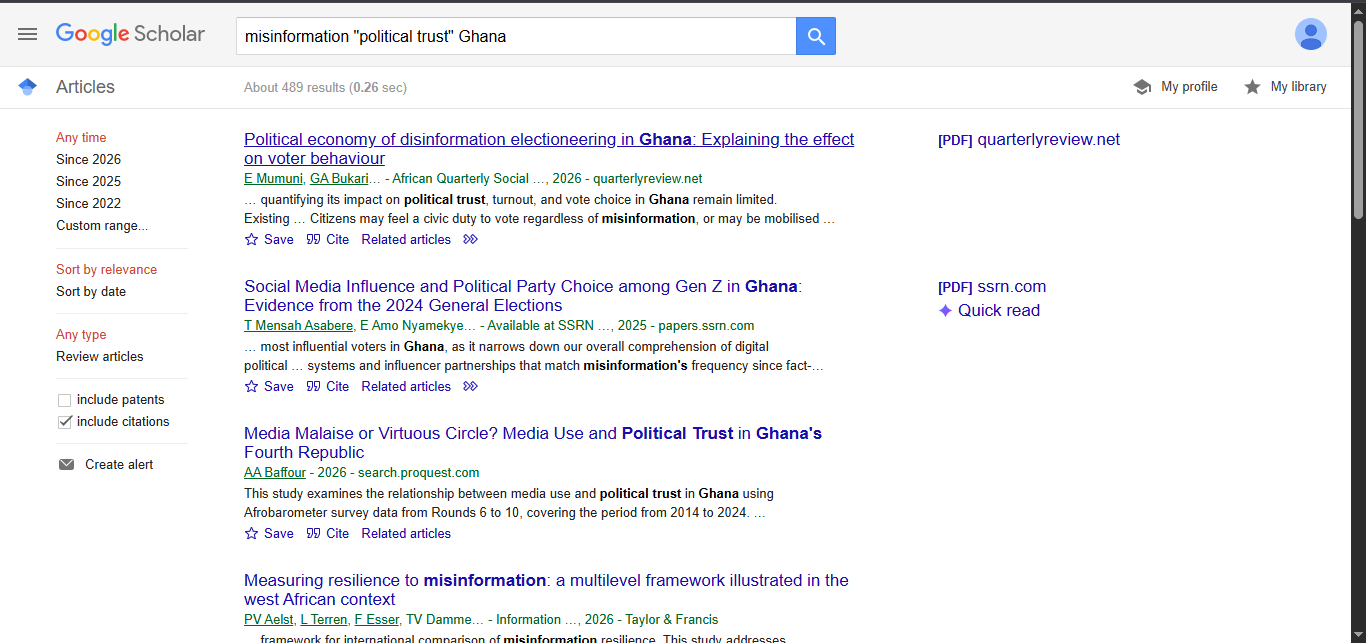 Refined Google Scholar search for misinformation political trust Ghana