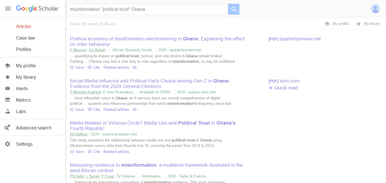 Google Scholar navigation drawer with Advanced search highlighted