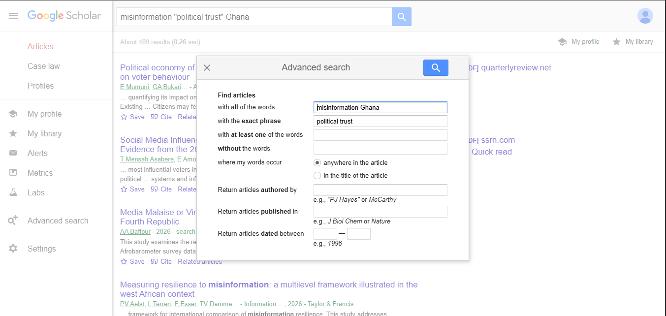 Google Scholar Advanced Search dialog with misinformation Ghana and political trust entered