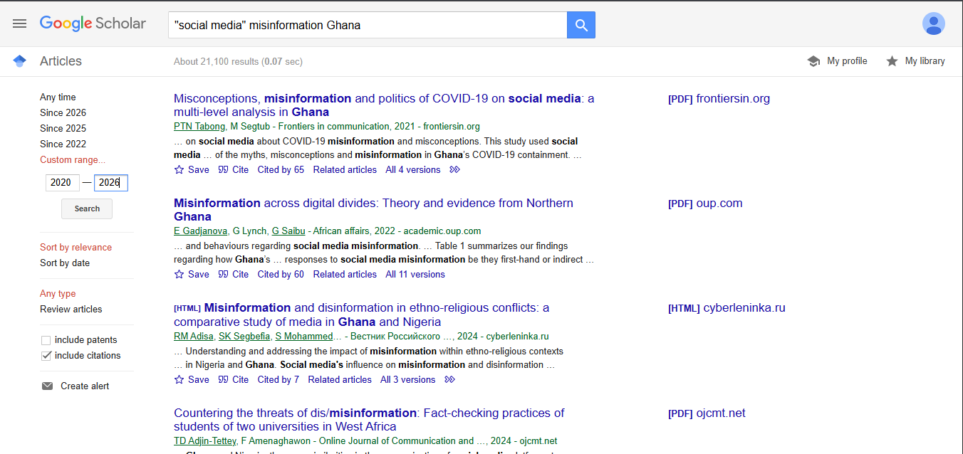 Google Scholar custom date range set from 2020 to 2026
