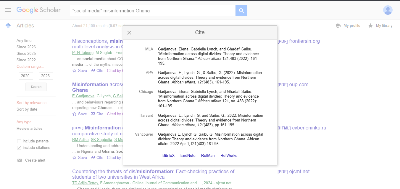 Google Scholar Cite dialog showing MLA, APA, Chicago, Harvard, Vancouver and export options