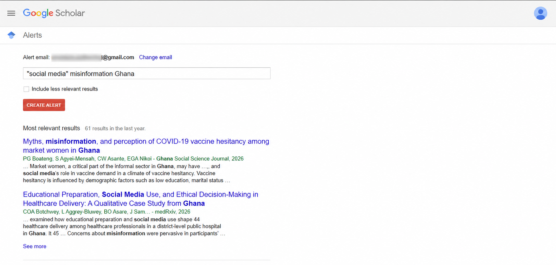 Google Scholar Create Alert page with the private email username blurred