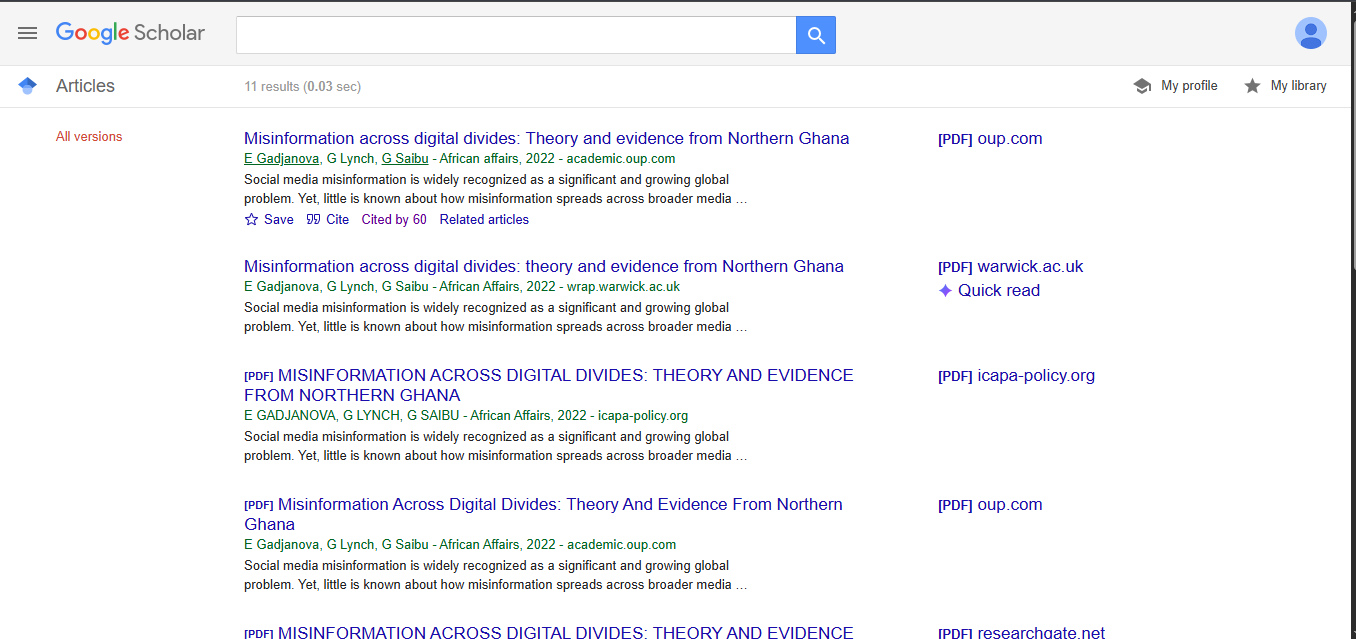 Google Scholar All versions page showing publisher and repository copies of a paper