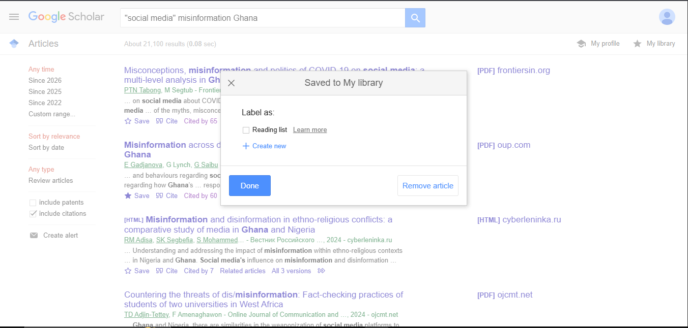 Google Scholar Saved to My library dialog with Reading list and Create new options