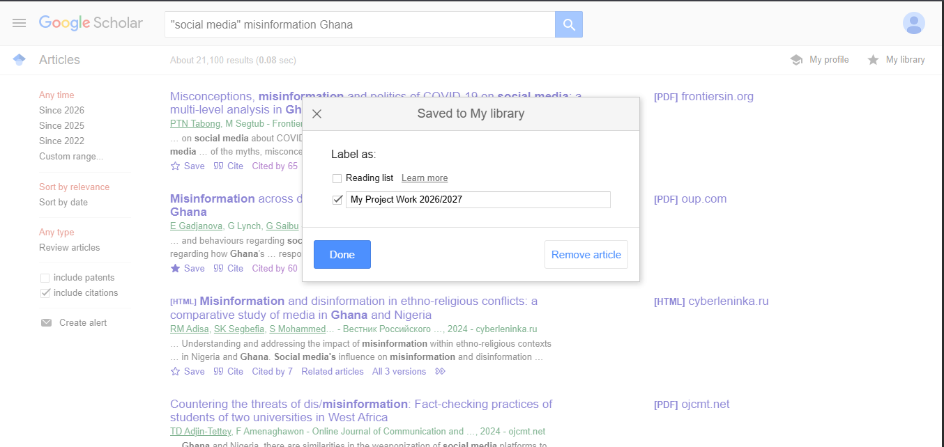 Google Scholar library dialog with a new My Project Work 2026 2027 label