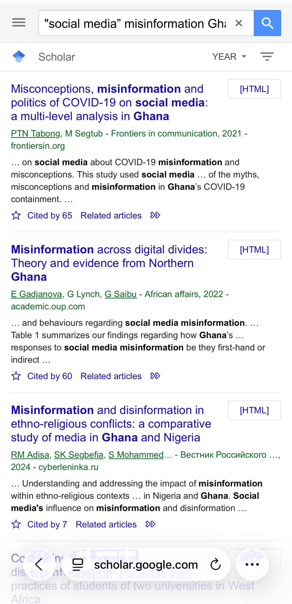 Google Scholar mobile results before the hidden result actions are expanded