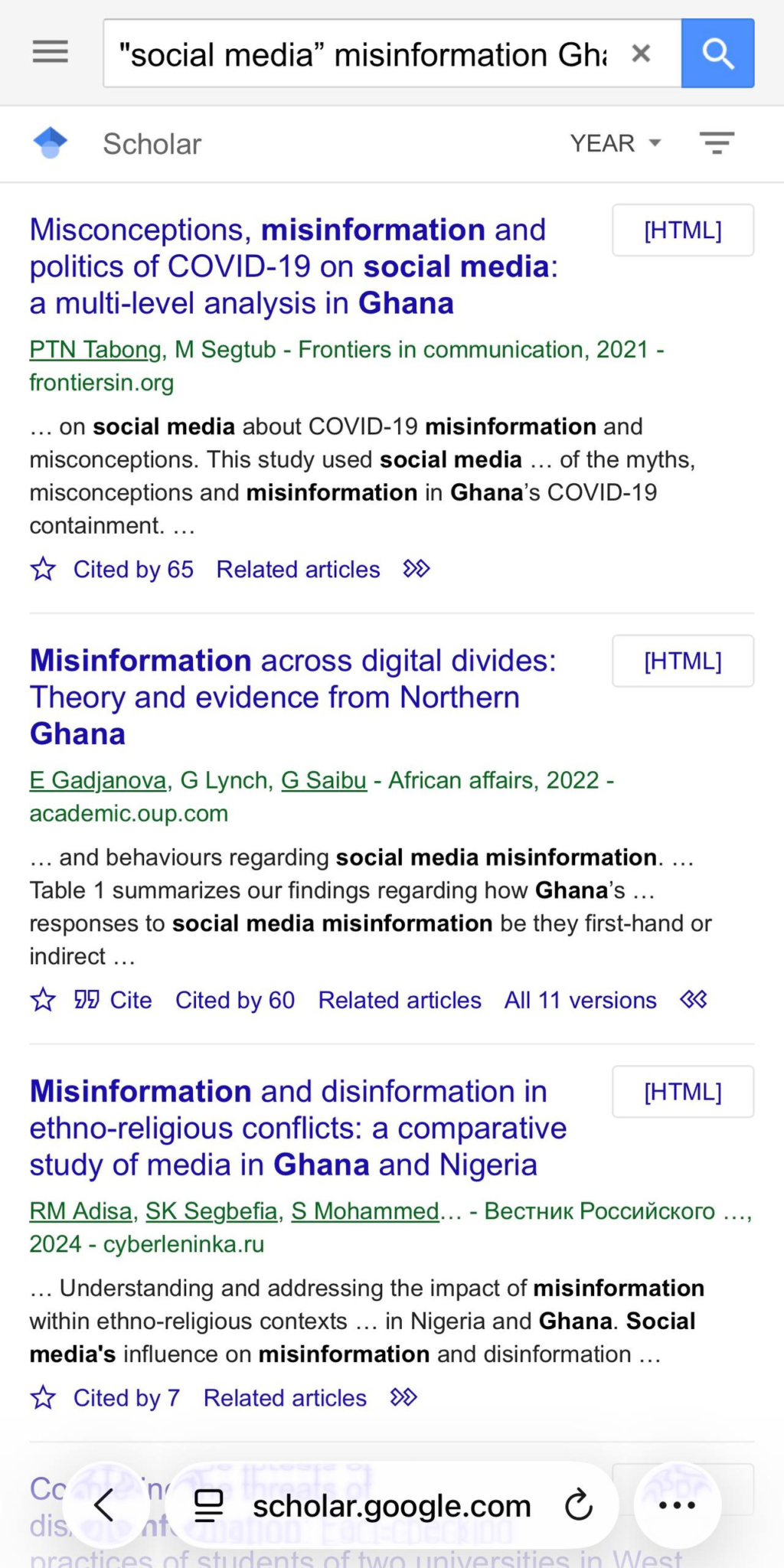 Google Scholar mobile results after the double-forward arrow reveals Cite and All versions